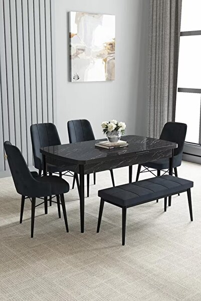 asaella mobilya Loft Siyah Mermer 80x132 Açılabilir Mdf Masa Yemek Odası Takı...