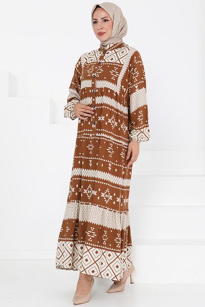 TOFİSA Button Detailed Dress Brown - 27396