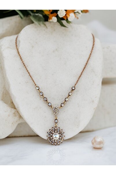 FAYRA ACCESSORIES Zirkon Taşlı Çiçek Figür Su Yolu Zincirli İnci Kolye