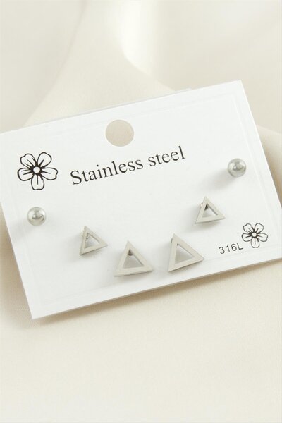 Avior Collection Nrzsnt 6 Pieces Triangle Steel (230813) Earrings-Silver Color