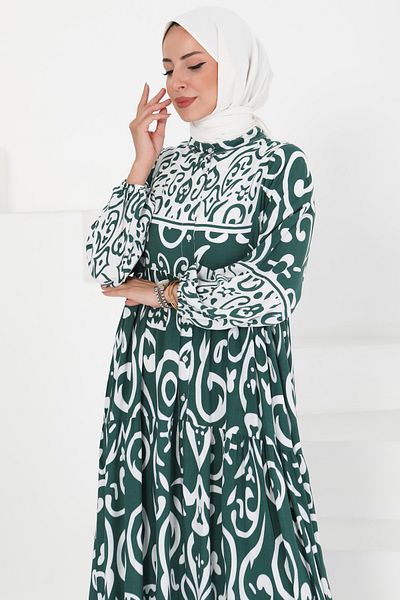 TOFİSA Patterned Buttoned Dress Emerald - 27428
