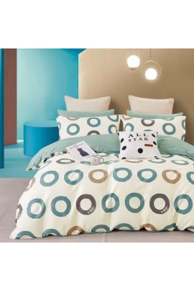 Ralex King Size Double Bed Linen Percale Printed 100% Cotton 6 Pieces Beige / Blue Circles