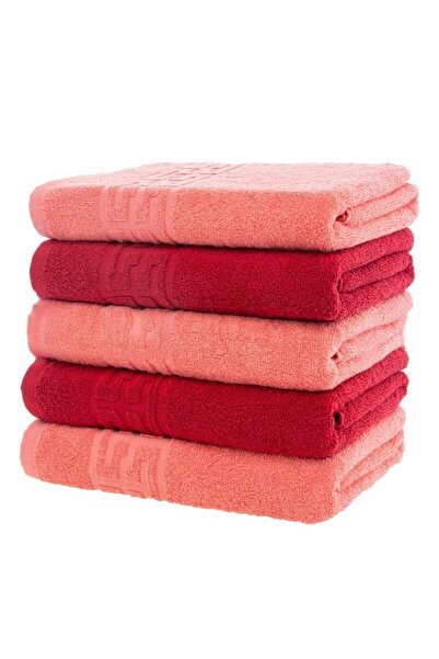 OEM Set of 5 face towels, Cotton, Bicolor, Greek Border, 500g/m², 50x90cm, Coral-Red