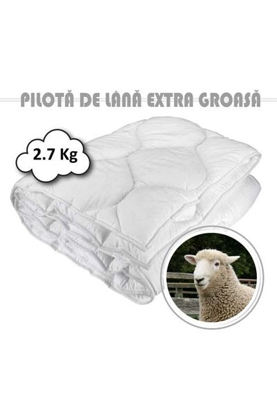 Ralex Pilotă matlasată extra groasă din lână 2,7 kg cu husă din bumbac damasc, albă, 140 x 210 cm