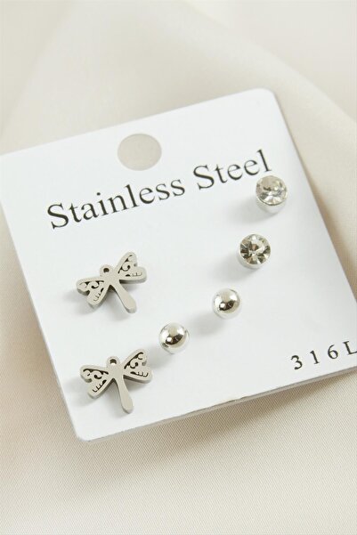 LAMİATAKI 6 قطع من الأقراط الفولاذية المرصعة بحجر اليعسوب