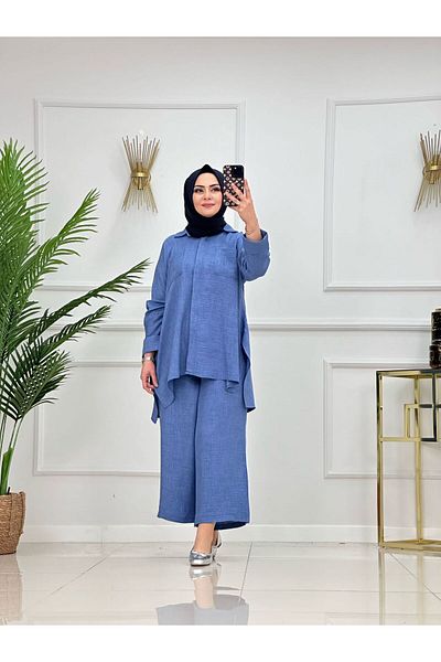 NİSUM MODA Linen Look Casual Suit with Pockets