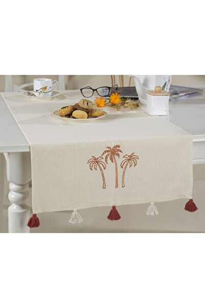 ÖDEL BULDAN كتان بولدان سميك، مطرز بالنخيل، بوم بوم رنر - طبيعي