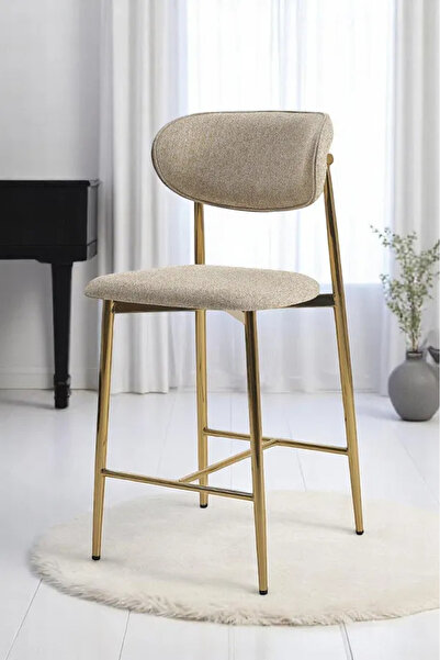 DENGEMA Laila 1 Adet 65 cm Ada Mutfak Bar Sandalyesi Krem Renkli Kumaş – Gold Metal Ayak