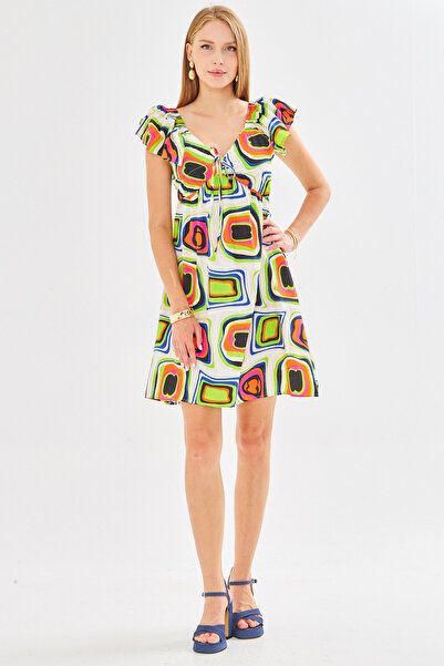 armonika Women's Orange V Neckline Sleeves and Ruffled Skirt Tie-Up Dress Arm-25Y001083