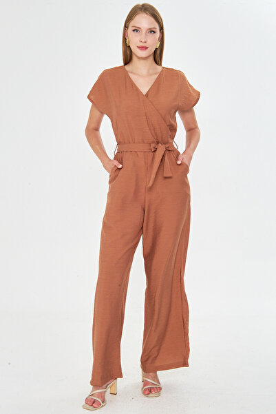 armonika Women's Mustard Double Breasted Collar Back V Detailed Pocket Belted Wide Leg Jumpsuit Arm-24Y001073