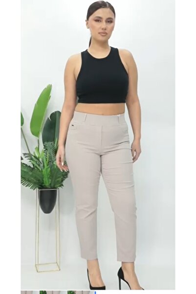 AKŞEN GİYİM Büyük Beden % 96 Pamuk Yüksek Bel 2 Beden İncelten Bol Likralı Keten Pantolon