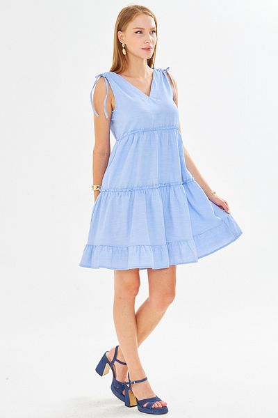 armonika Rochie de damă, albastru deschis, cu decolteu în V, cu volane, fără mâneci, cu șireturi ARM-25Y001061