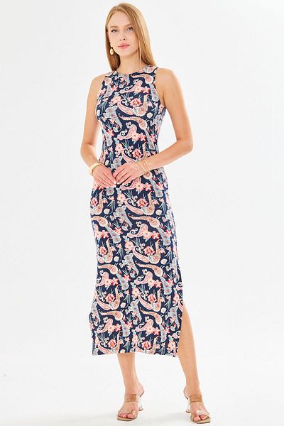 armonika Rochie lungă de damă, verde bleumarin, cu decolteu O, fără mâneci, cu fantă ARM-23Y001090