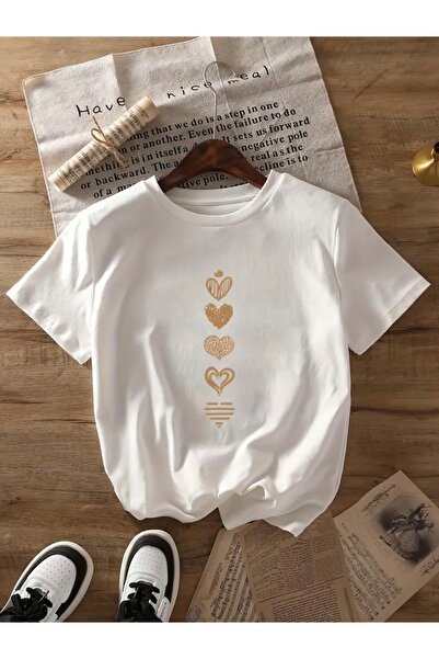 FUFLUNS تي شيرت برقبة دائرية كبيرة الحجم مطبوع عليه قلوب