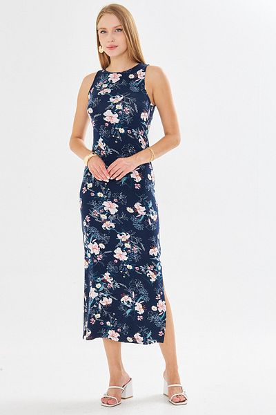armonika Rochie lungă de damă, cu decolteu, fără mâneci, cu fante, cu flori bleumarin ARM-23Y001090