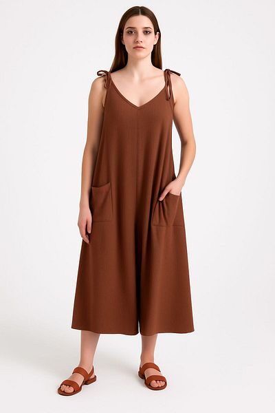Olea Brown Wrinkle Jumpsuit with Tie Pocket on the Shoulder