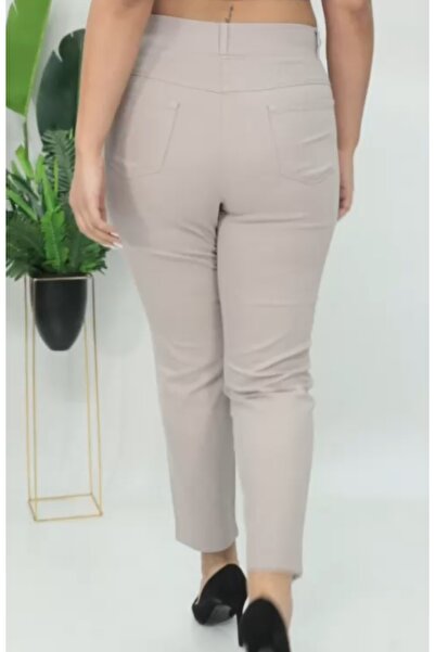 AKŞEN GİYİM Büyük Beden % 96 Pamuk Yüksek Bel 2 Beden İncelten Bol Likralı Keten Pantolon