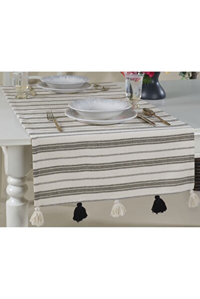 ÖDEL BULDAN Thick Striped Buldan Linen, Pompom Runner-Natural&Black