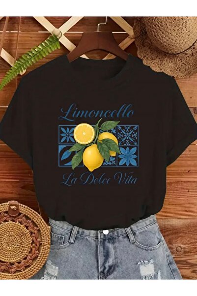 FUFLUNS تي شيرت برقبة دائرية كبيرة الحجم مطبوع عليه ليمونتشيلو