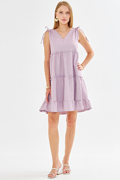 armonika Women's Burgundy V Neck Ruffle Sleeveless Shoulder Tie Dress Arm-25Y001061