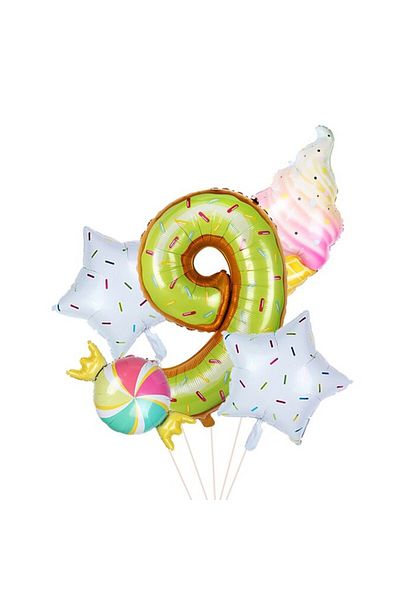 idei Giant foil balloon number 9, height 80 cm, candy party decoration, arrangement of 5 balloons