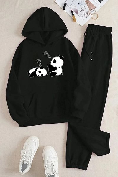 DAXİS Sportwear Company Unisex Panda Printed Tracksuit Set - Hooded Sweatshirt & Jogger Sweatpants