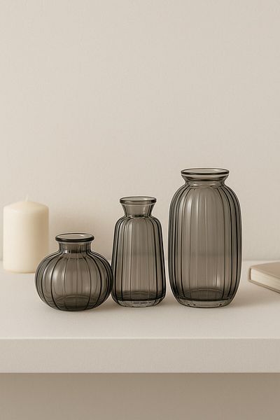 morponi Vasă decorativă minimalistă din sticlă din 3 piese afumată