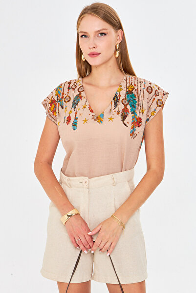 armonika Γυναικεία πέτρινη μπλούζα με στάμπα V λαιμόκοψη ARM-25Y001086