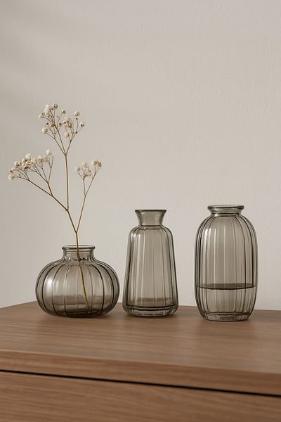 morponi Vasă decorativă minimalistă din sticlă din 3 piese afumată
