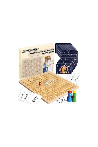 KRUZZEL Tablă de înmulțire cu cărți, zaruri și pioni, joc educativ din lemn, 27x27x0,7 cm