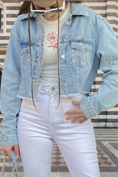 hanope Light Blue Crop Denim Jacket with Tassels at the Hem