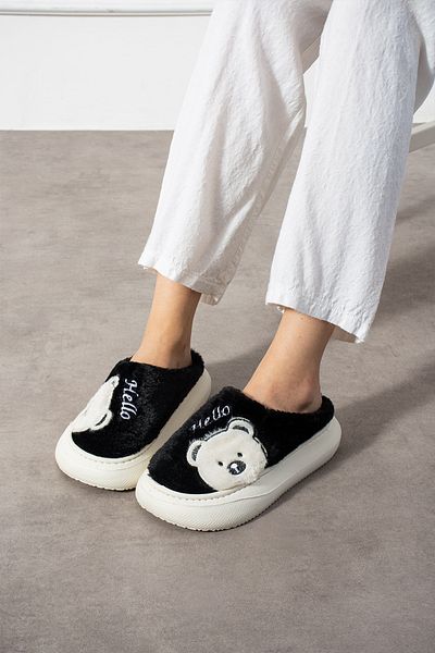 Polomia Comfort Poppy Paris Papuci de iarnă pentru femei, cu model de ursuleț drăguț, din pluș, ușoare, anti-alunecare, cu talpă Eva