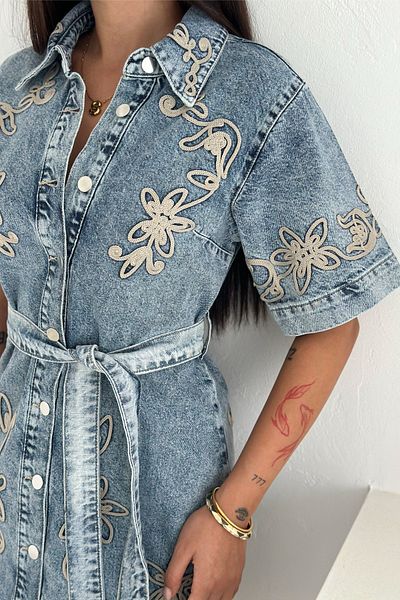 FEMELLE Women's Embroidered Denim Mini Dress - Button Down, Short Sleeve Jean Dress with Belt