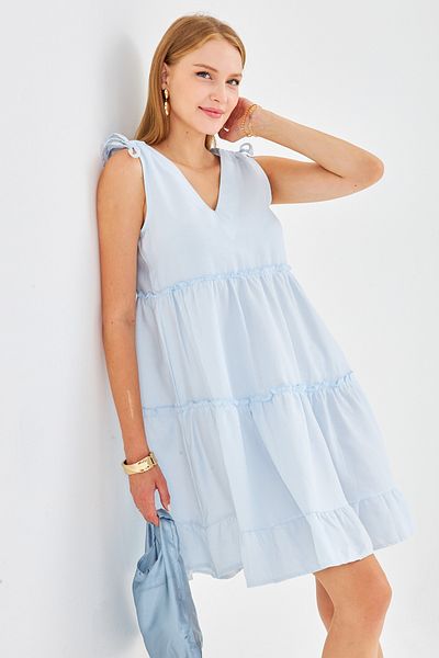 armonika Women Ice Blue V Neck Ruffle Sleeveless Shoulder Tie Dress Arm-25Y001061