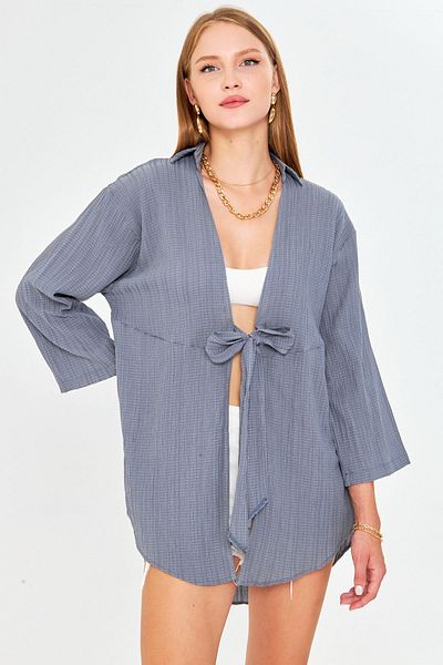 armonika Cămașă kimono gri cu dungi în față pentru femei ARM-24Y001101
