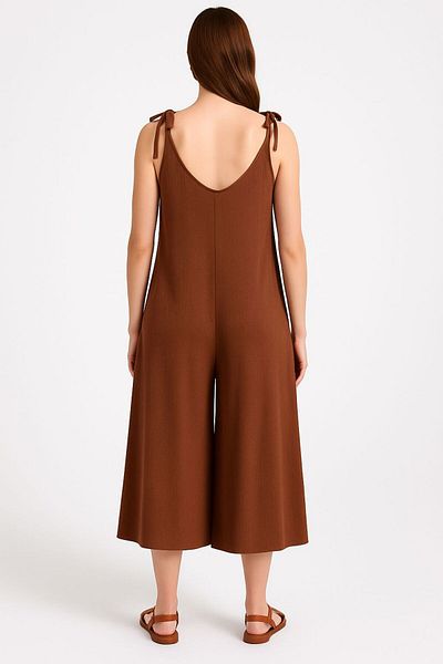 Olea Brown Wrinkle Jumpsuit with Tie Pocket on the Shoulder