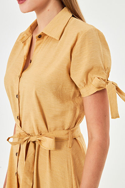 armonika Women's Yellow Sleeve Tie Waist Belted Shirt Dress Arm-23Y001004
