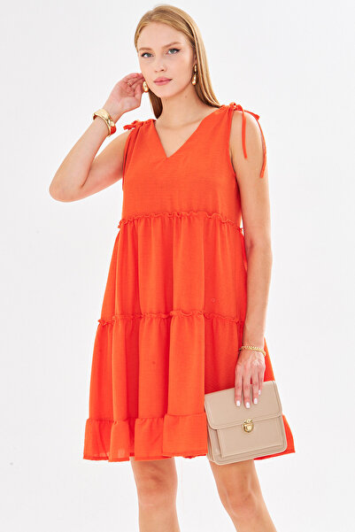 armonika Women's Orange V Neck Ruffle Sleeveless Shoulder Tie Dress Arm-25Y001061