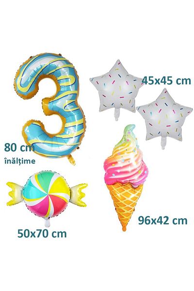 idei Giant foil balloon number 3, height 80 cm, decoration with 5 candy balloons, donut, ice cream
