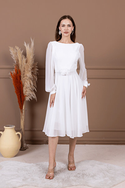 BEYBOS Sifon Kumaş Çiçek Detaylı Midi Elbise - BEYAZ