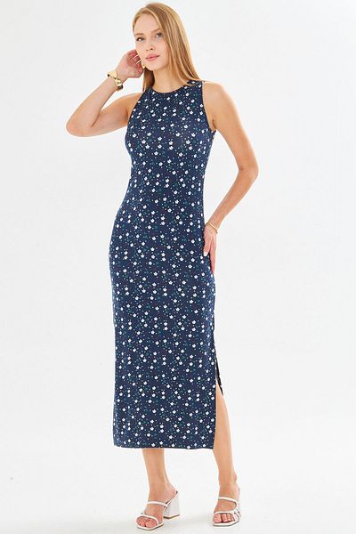 armonika Rochie lungă de damă, albastru-marin-alb, cu decolteu O, fără mâneci, cu fante ARM-23Y001090