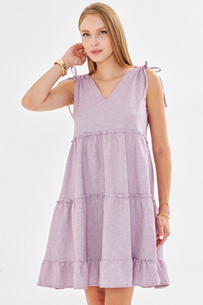 armonika Women's Burgundy V Neck Ruffle Sleeveless Shoulder Tie Dress Arm-25Y001061