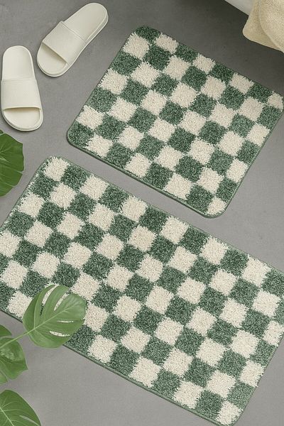 EUROBANO Checkered Pattern Bath Mat Non-Slip Base 60X100-60X50 Washable