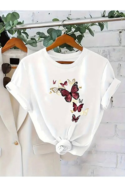 FUFLUNS تي شيرت برقبة دائرية كبيرة الحجم مطبوع عليه فراشة