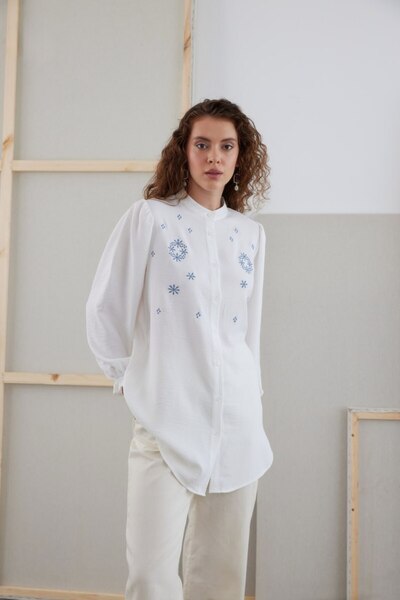 studio fashion 1988 Women's White Oversize Judge Collar Sleeve Elastic Embroi...