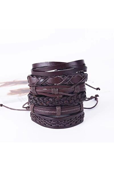 JustZEN Set 6 brățări, multistrat, JustZEN™, pentru bărbați, din piele, maro, închidere reglabilă