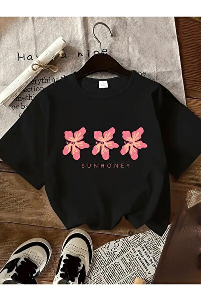 FUFLUNS تي شيرت SUN HONEY مطبوع عليه زهور برقبة دائرية كبيرة الحجم