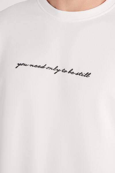 Tudors Ανδρικό φούτερ με στάνταρ εφαρμογή, βαμβακερό λαιμόκοψη, ριγέ στάμπα, λευκό