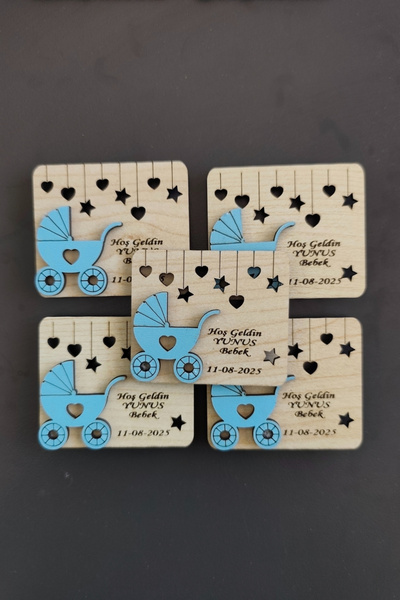 ERDİZDEN Wooden Newborn Magnet with Baby Carriage Figure - 20 Pieces