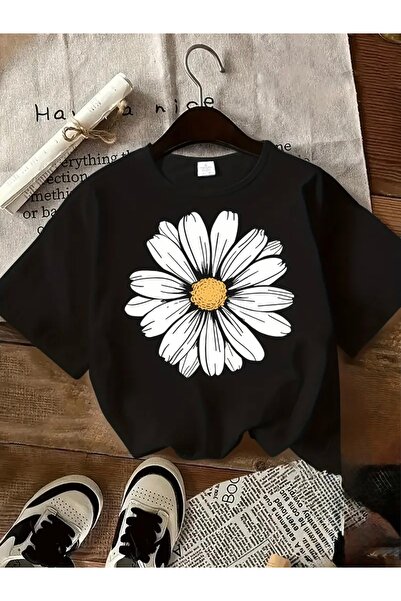 FUFLUNS تي شيرت برقبة دائرية كبيرة الحجم مطبوع عليه زهرة الأقحوان